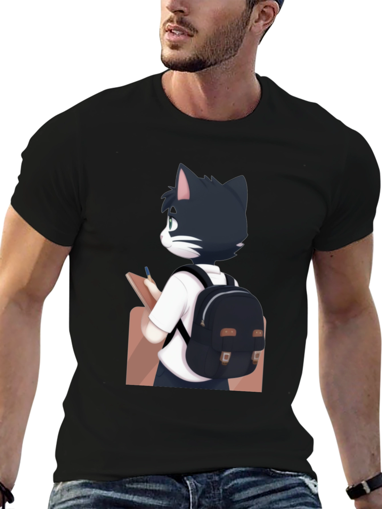 Anime Cat Black T-Shirt