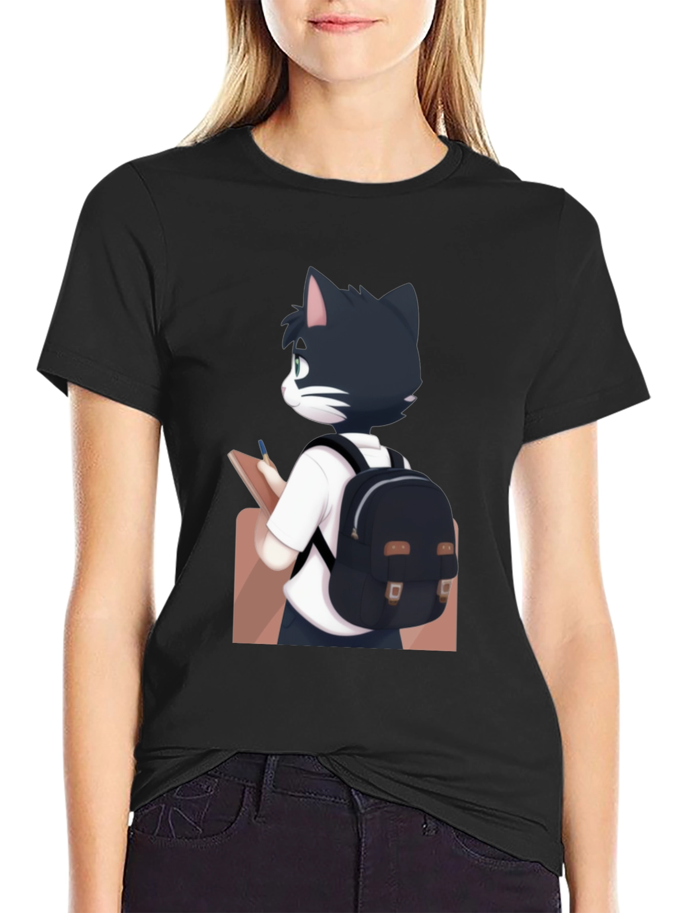 Anime Cat Black T-Shirt