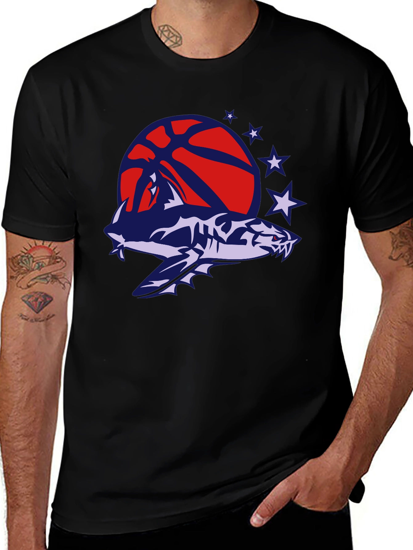 Mens Black T-Shirt with Shark Basketball Graphic