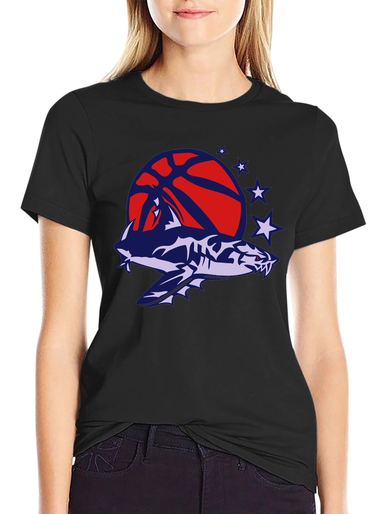 Mens Black T-Shirt with Shark Basketball Graphic