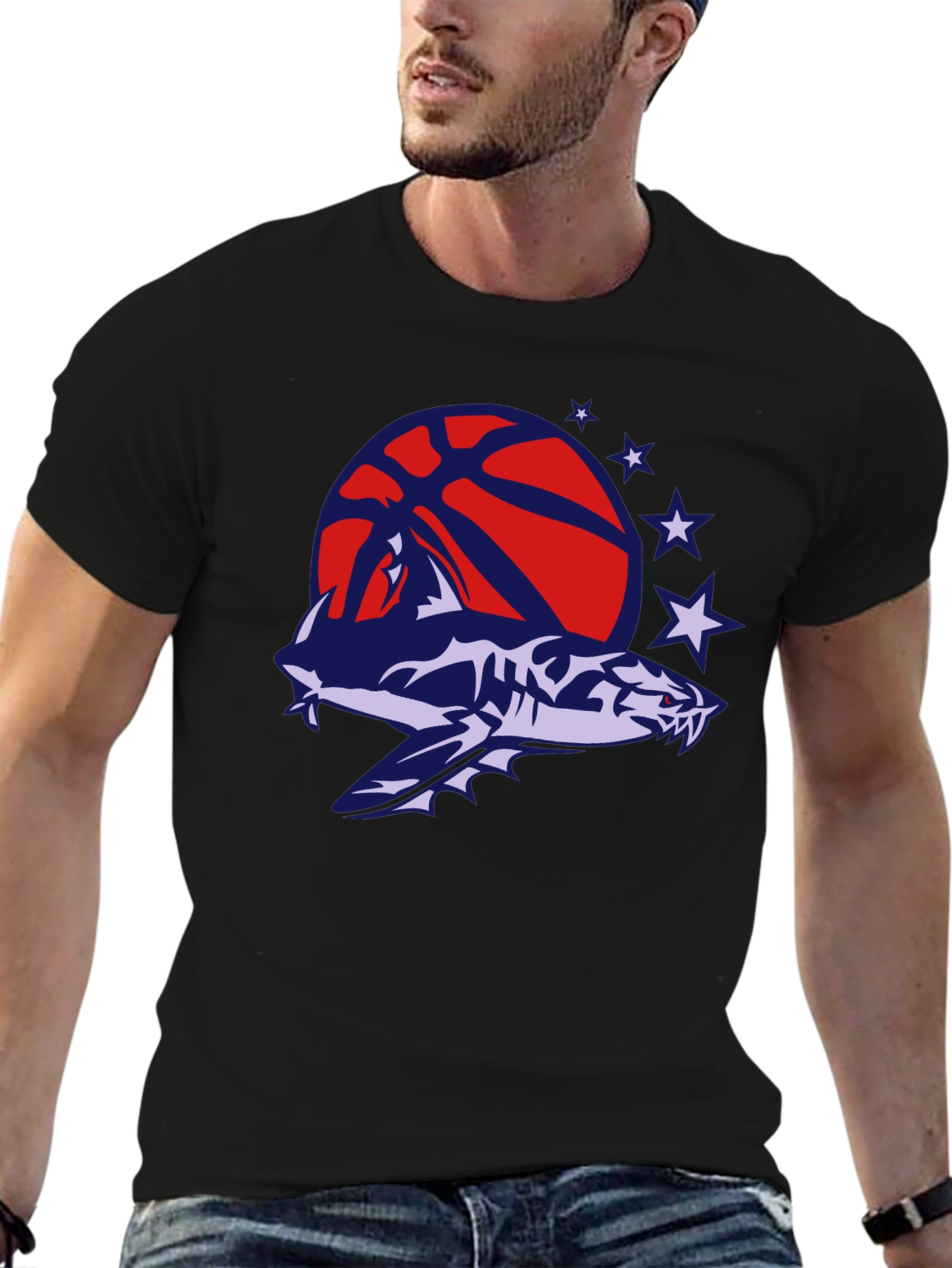 Mens Black T-Shirt with Shark Basketball Graphic
