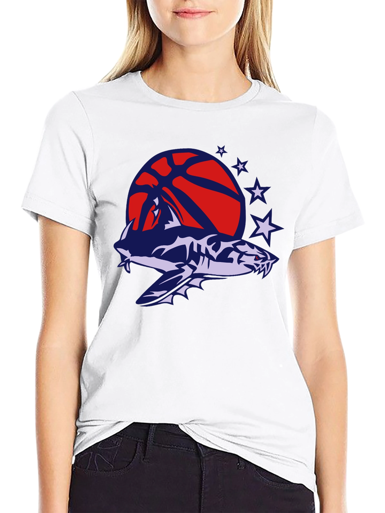 Mens Black T-Shirt with Shark Basketball Graphic