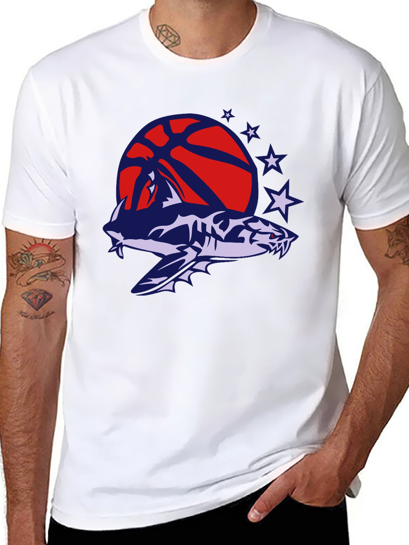 Mens Black T-Shirt with Shark Basketball Graphic