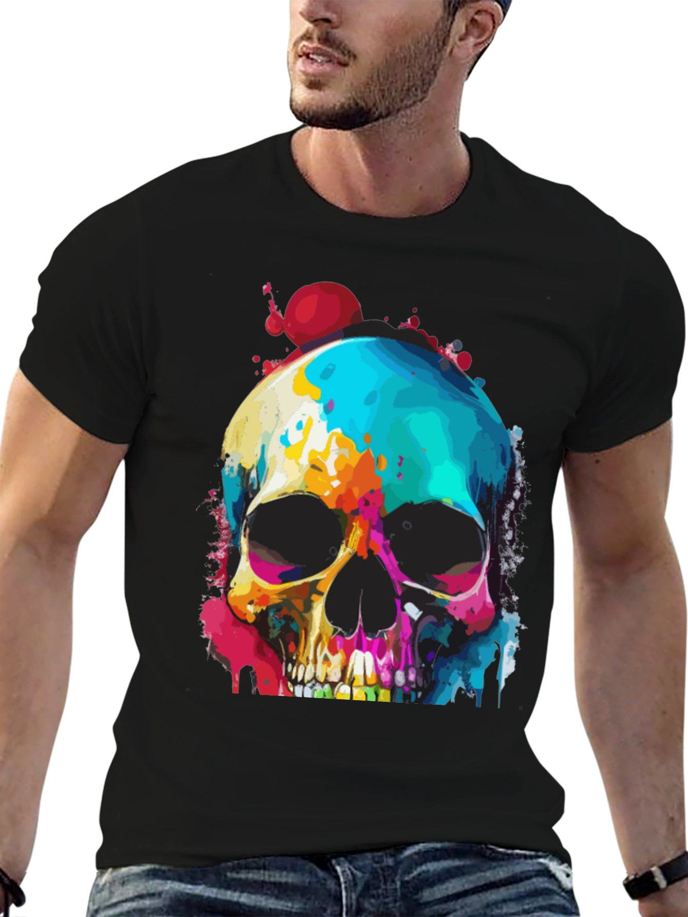 Vibrant Skull Graphic Tee - Mens Black T-Shirt