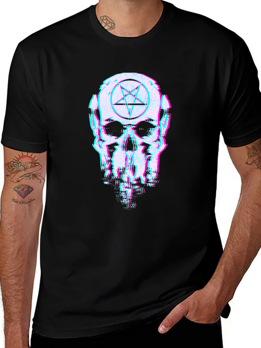 Glitched Skull Pentagram Graphic T-Shirt