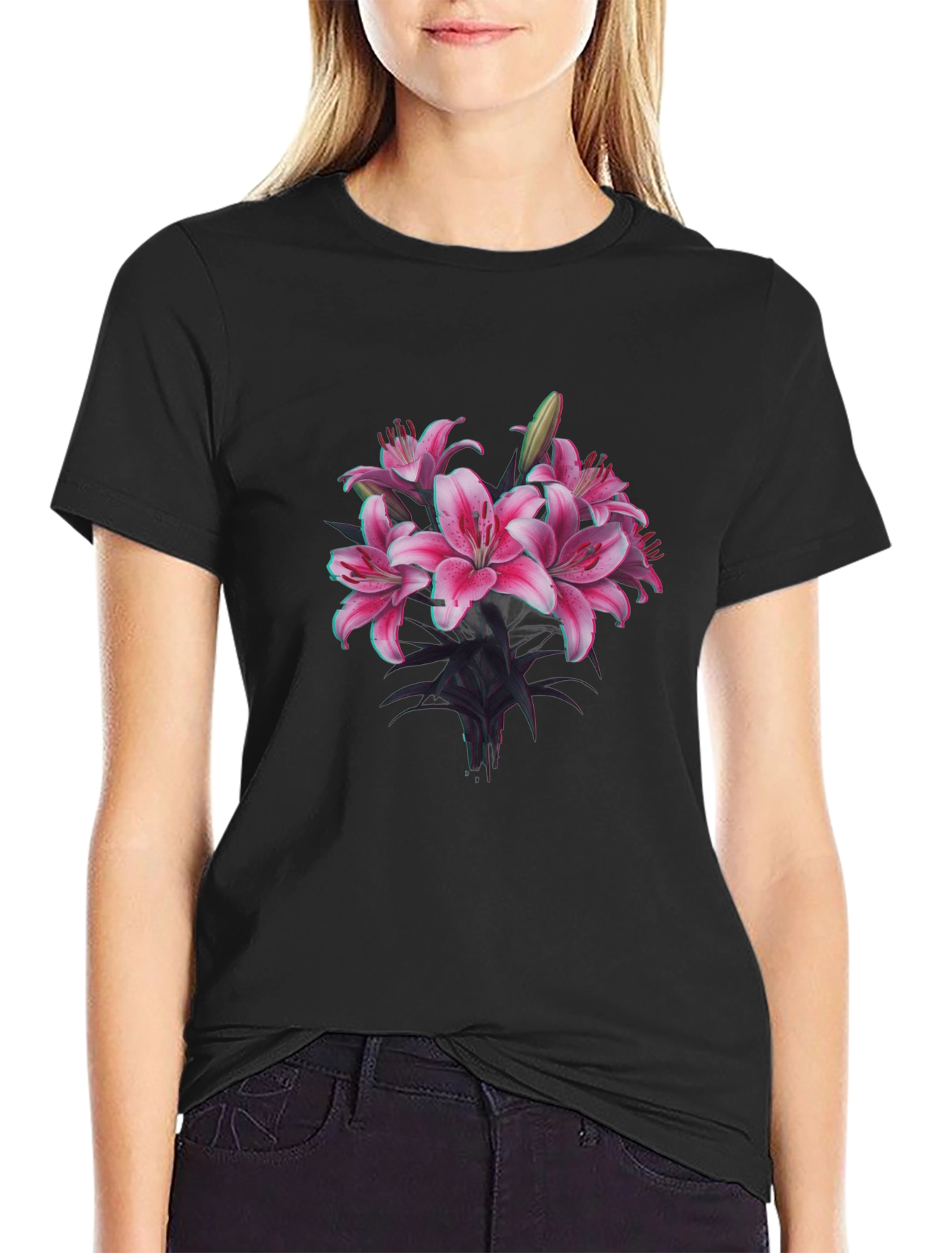 Floral Lily Graphic Black T-Shirt