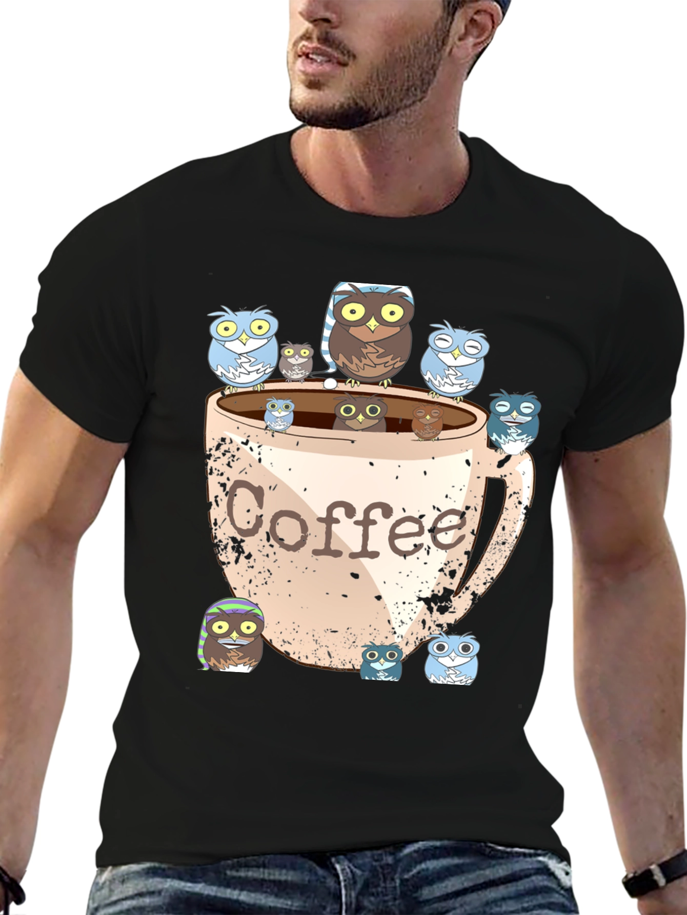 Owl Coffee T-Shirt - Cute Cartoon Print