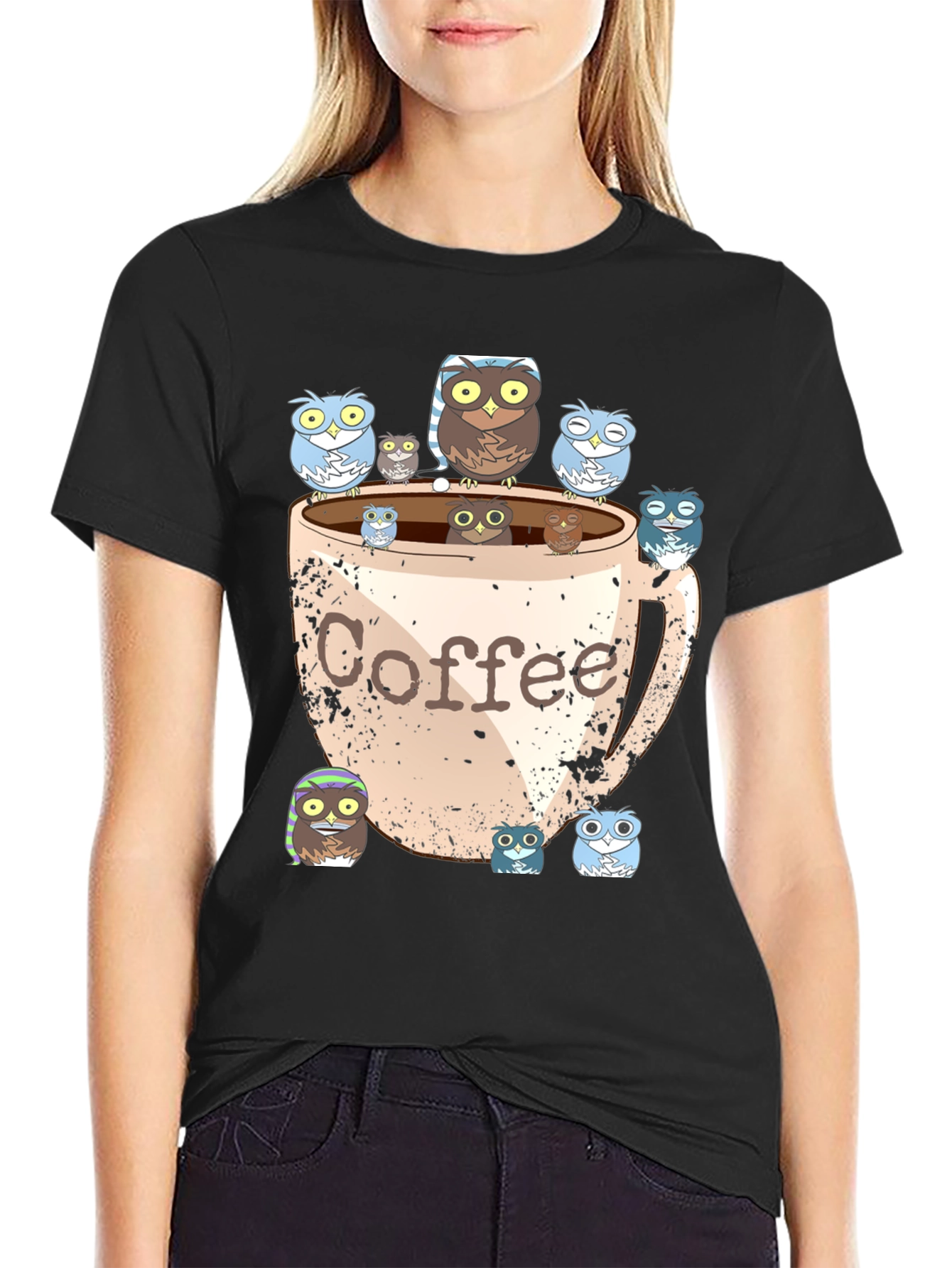 Owl Coffee T-Shirt - Cute Cartoon Print
