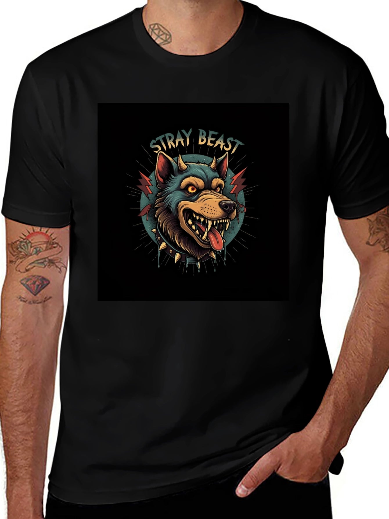Stray Beast Graphic Tee - Edgy Wolf Design