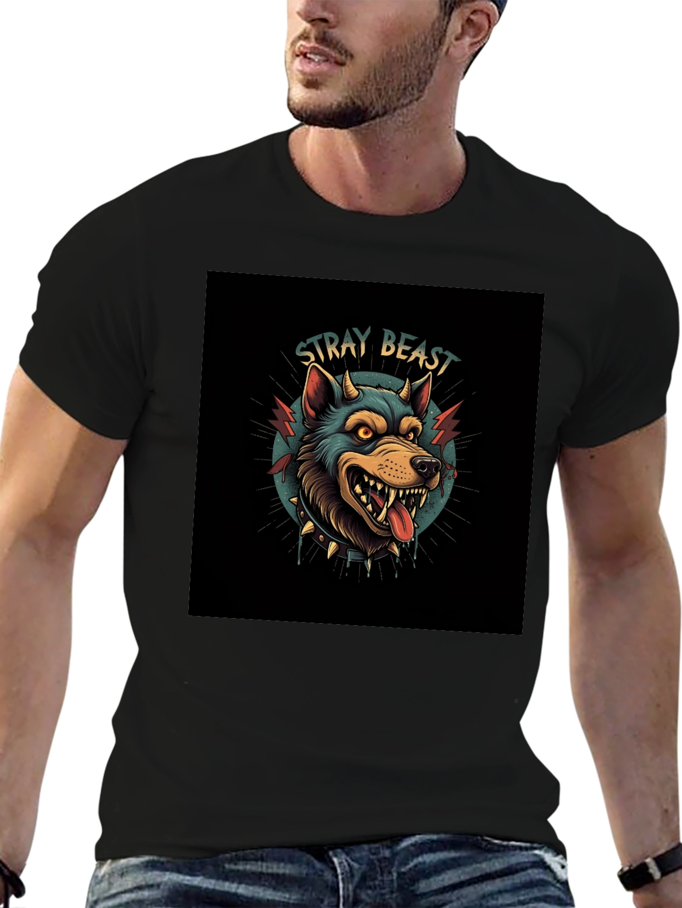 Stray Beast Graphic Tee - Edgy Wolf Design