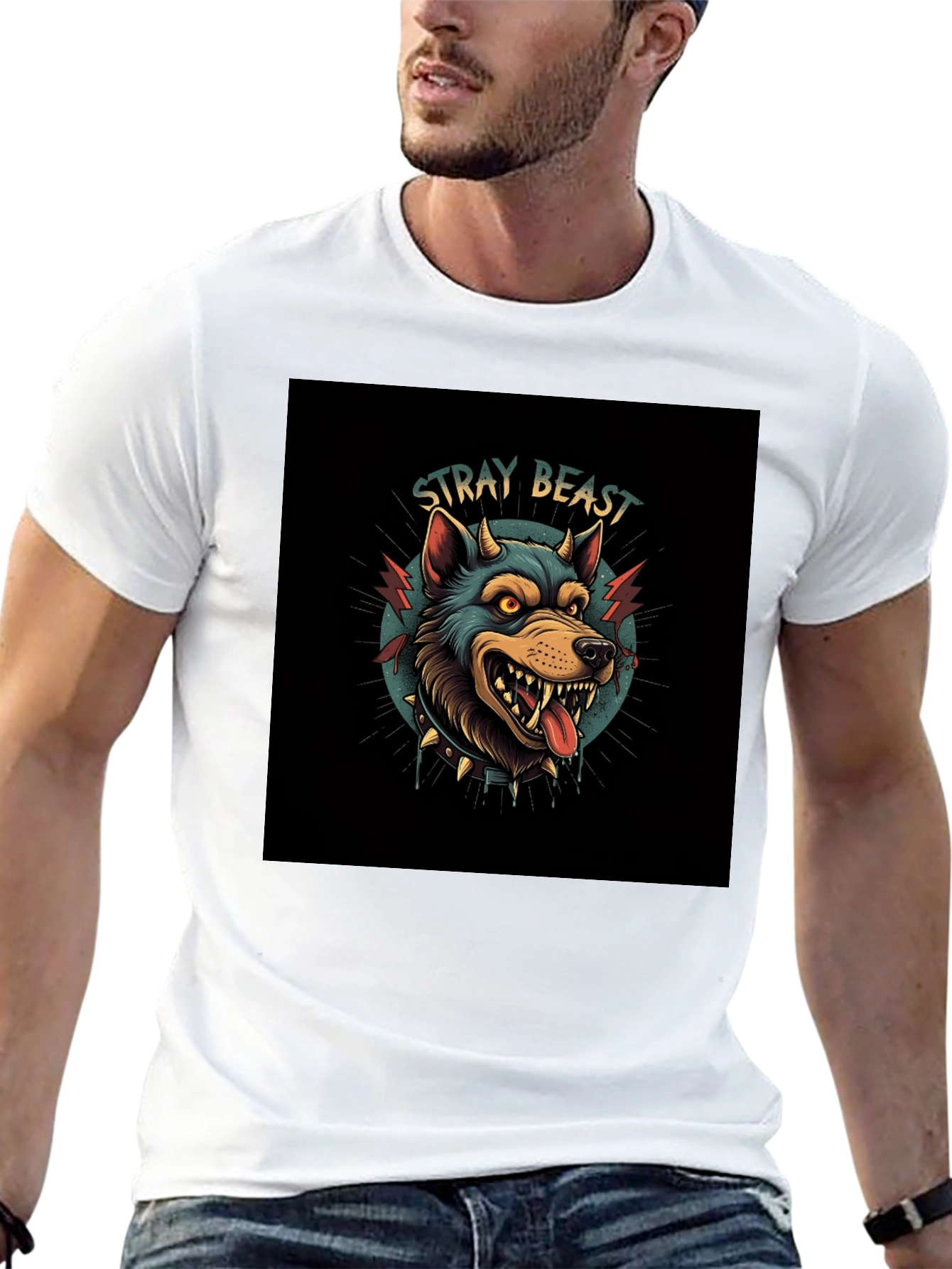 Stray Beast Graphic Tee - Edgy Wolf Design