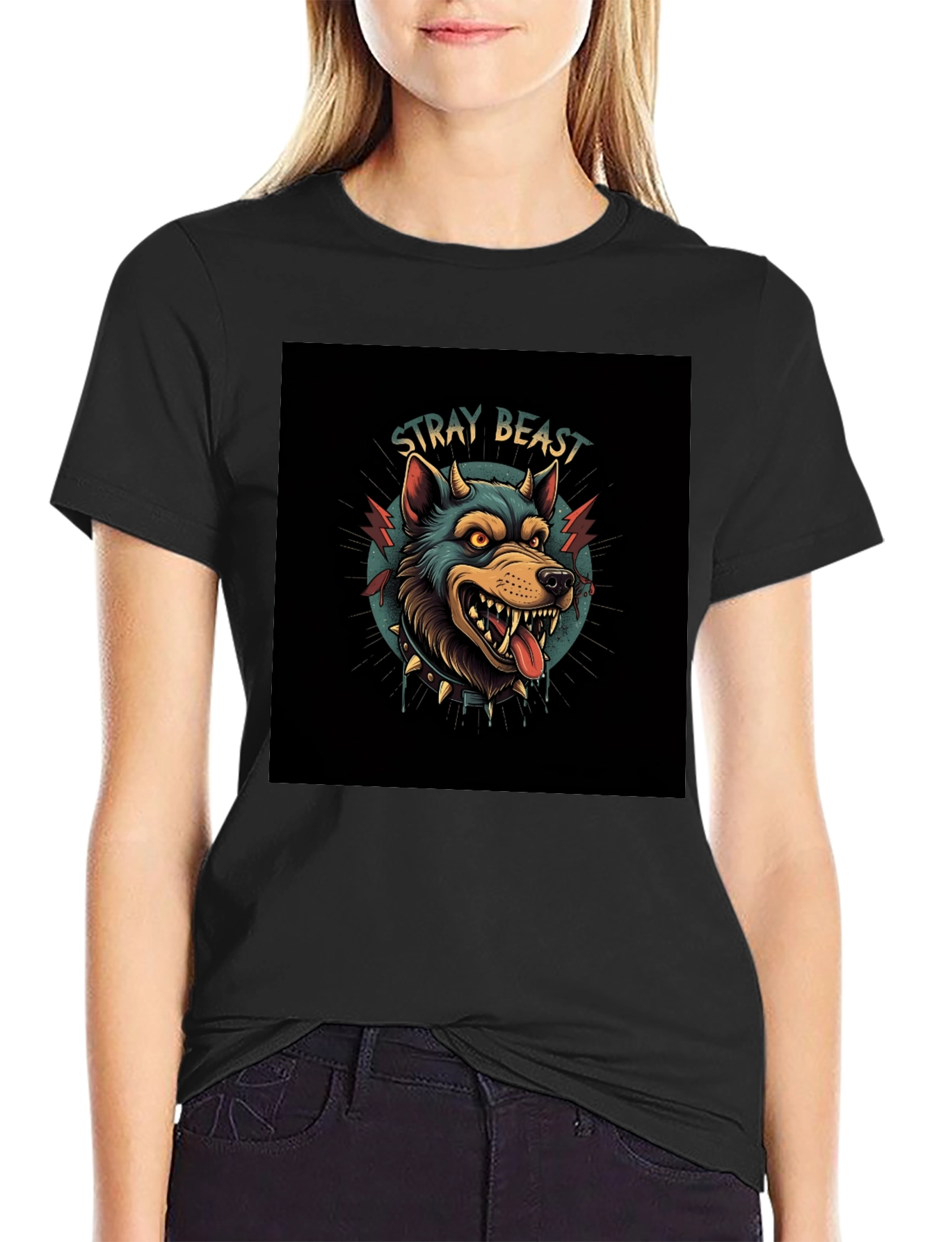 Stray Beast Graphic Tee - Edgy Wolf Design