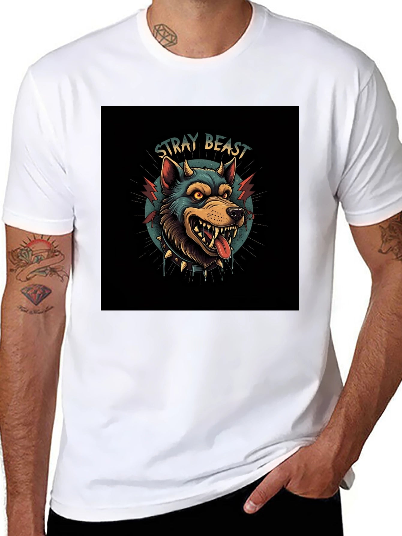 Stray Beast Graphic Tee - Edgy Wolf Design