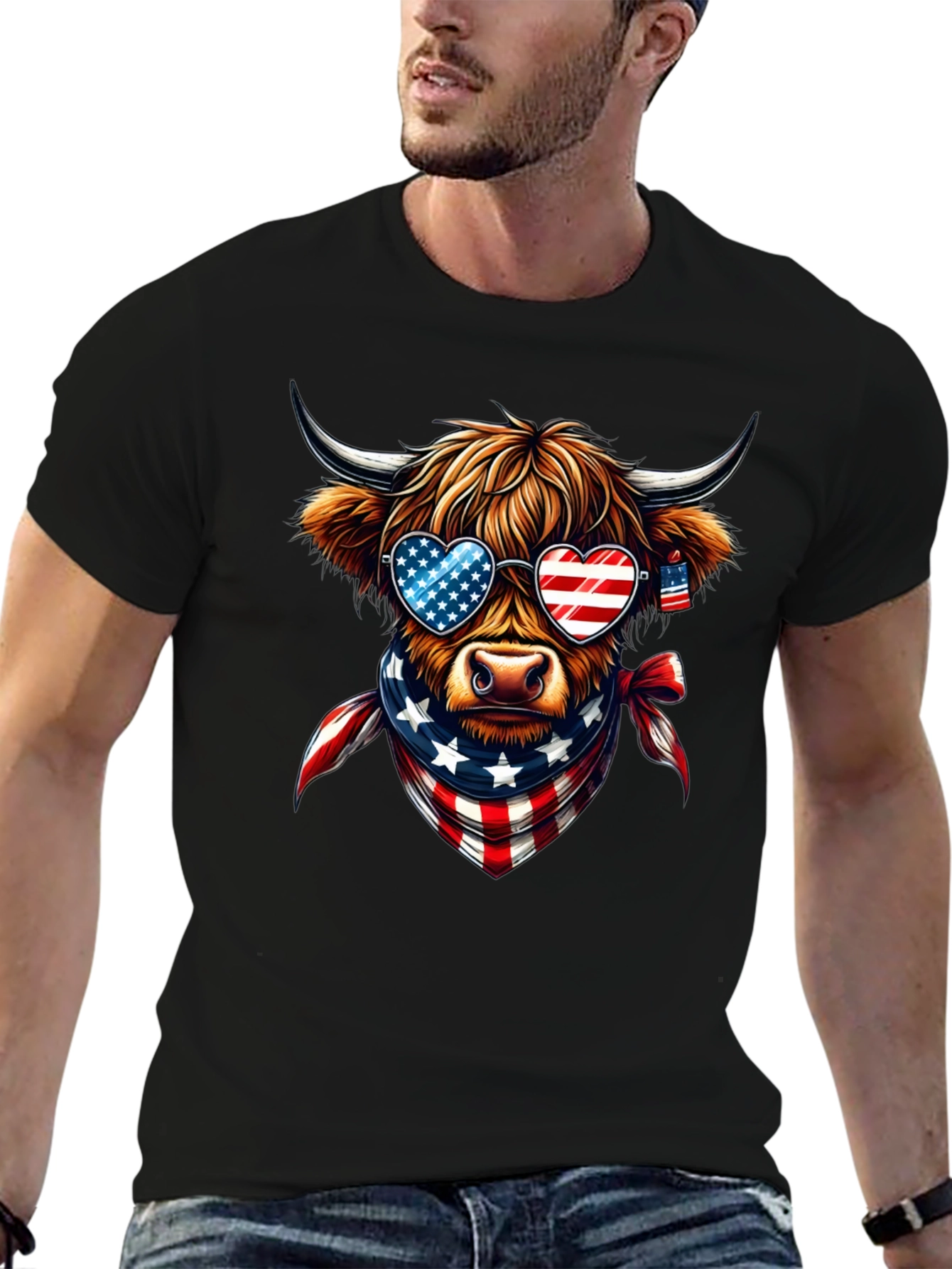 Patriotic Highland Cow T-Shirt - USA Pride