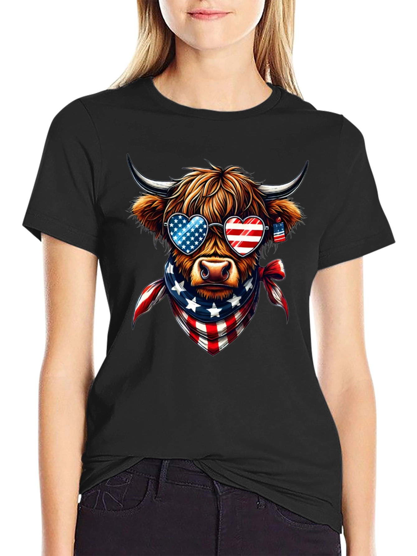 Patriotic Highland Cow T-Shirt - USA Pride