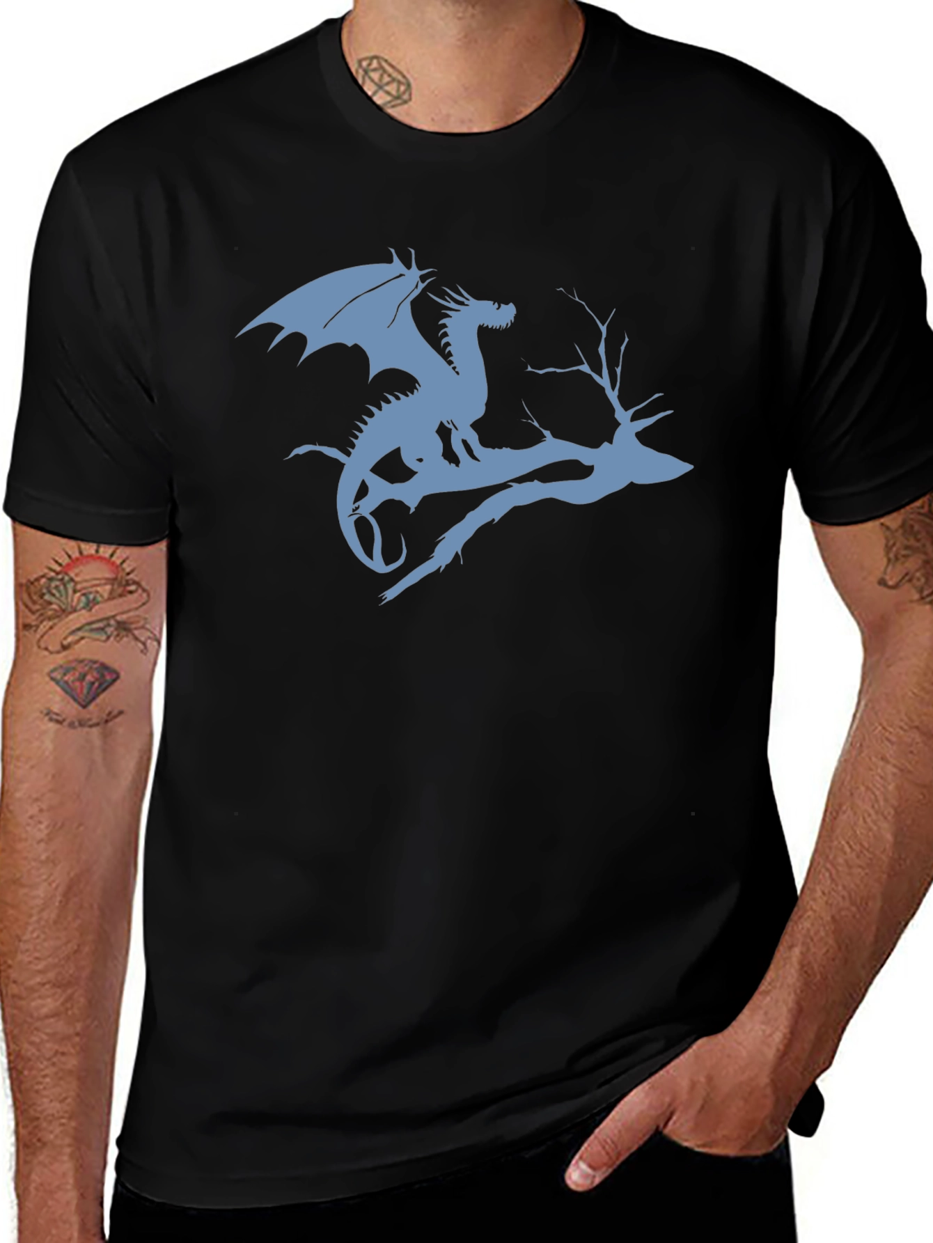 Dragon on Branch Graphic T-Shirt - Black