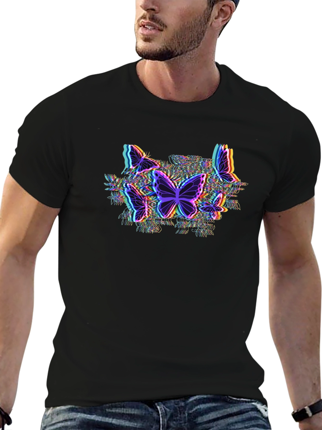 Butterfly Glitch Graphic Tee - Black Cotton T-Shirt