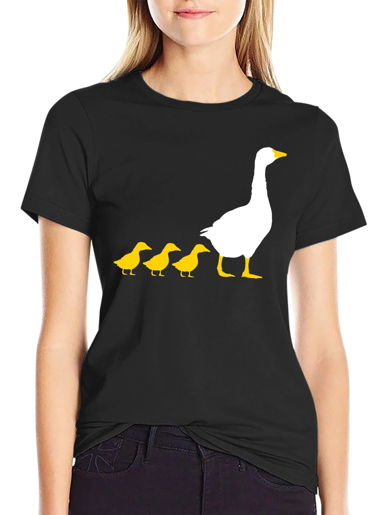 Goose and Ducklings Graphic Tee - Black Cotton T-Shirt