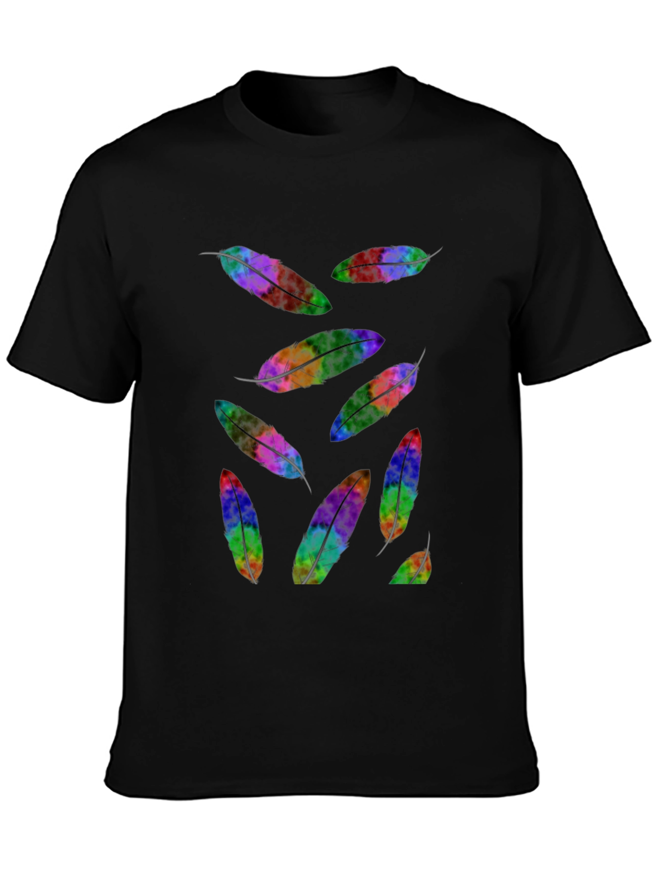 Rainbow Feather Print Black T-Shirt