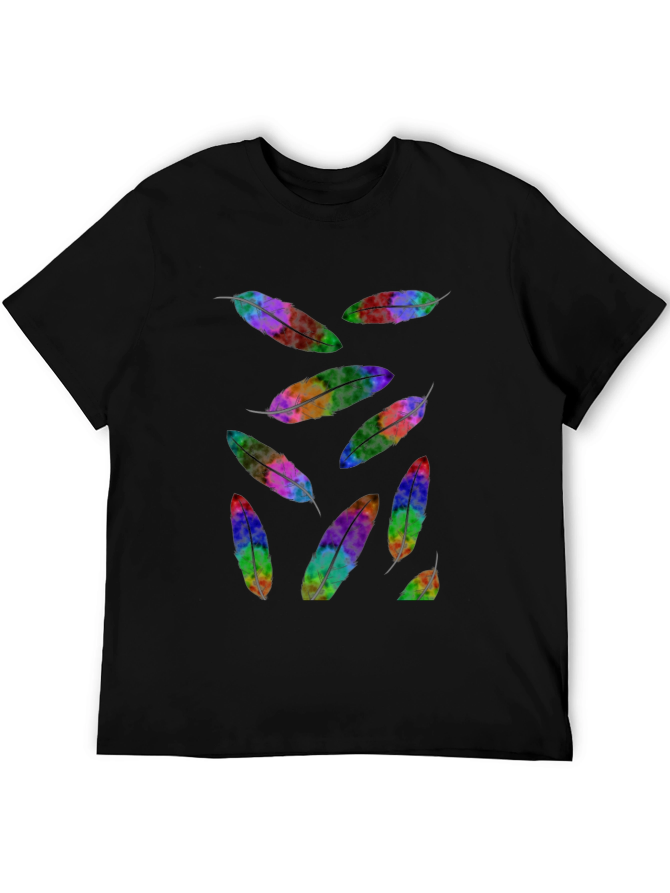 Rainbow Feather Print Black T-Shirt