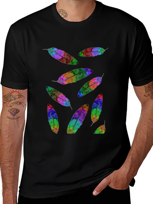 Rainbow Feather Print Black T-Shirt