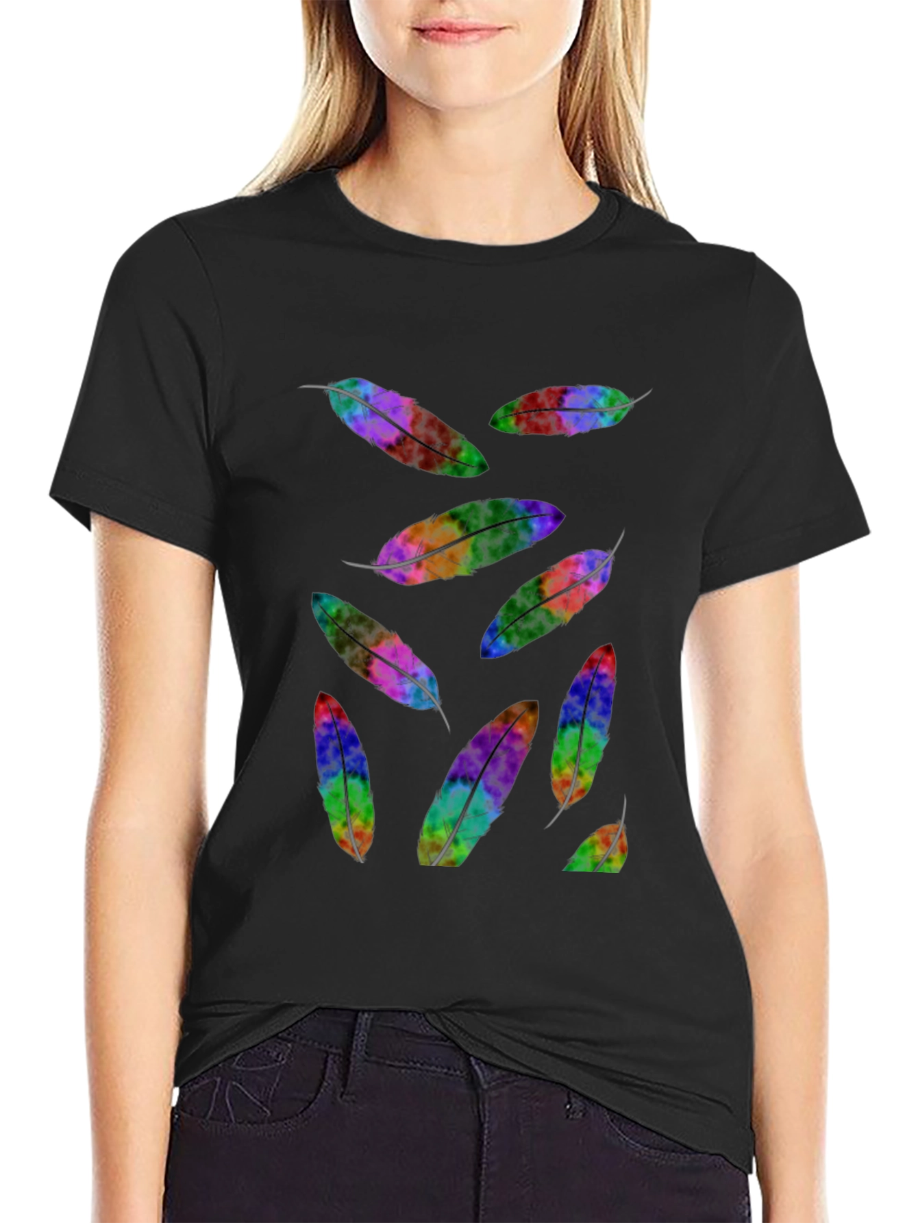 Rainbow Feather Print Black T-Shirt