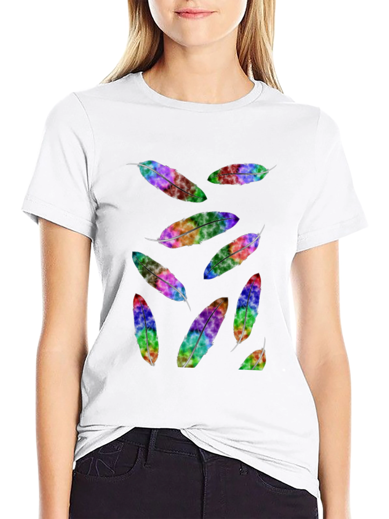 Rainbow Feather Print Black T-Shirt