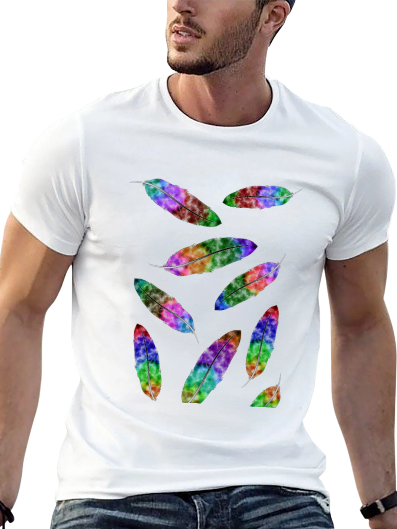 Rainbow Feather Print Black T-Shirt