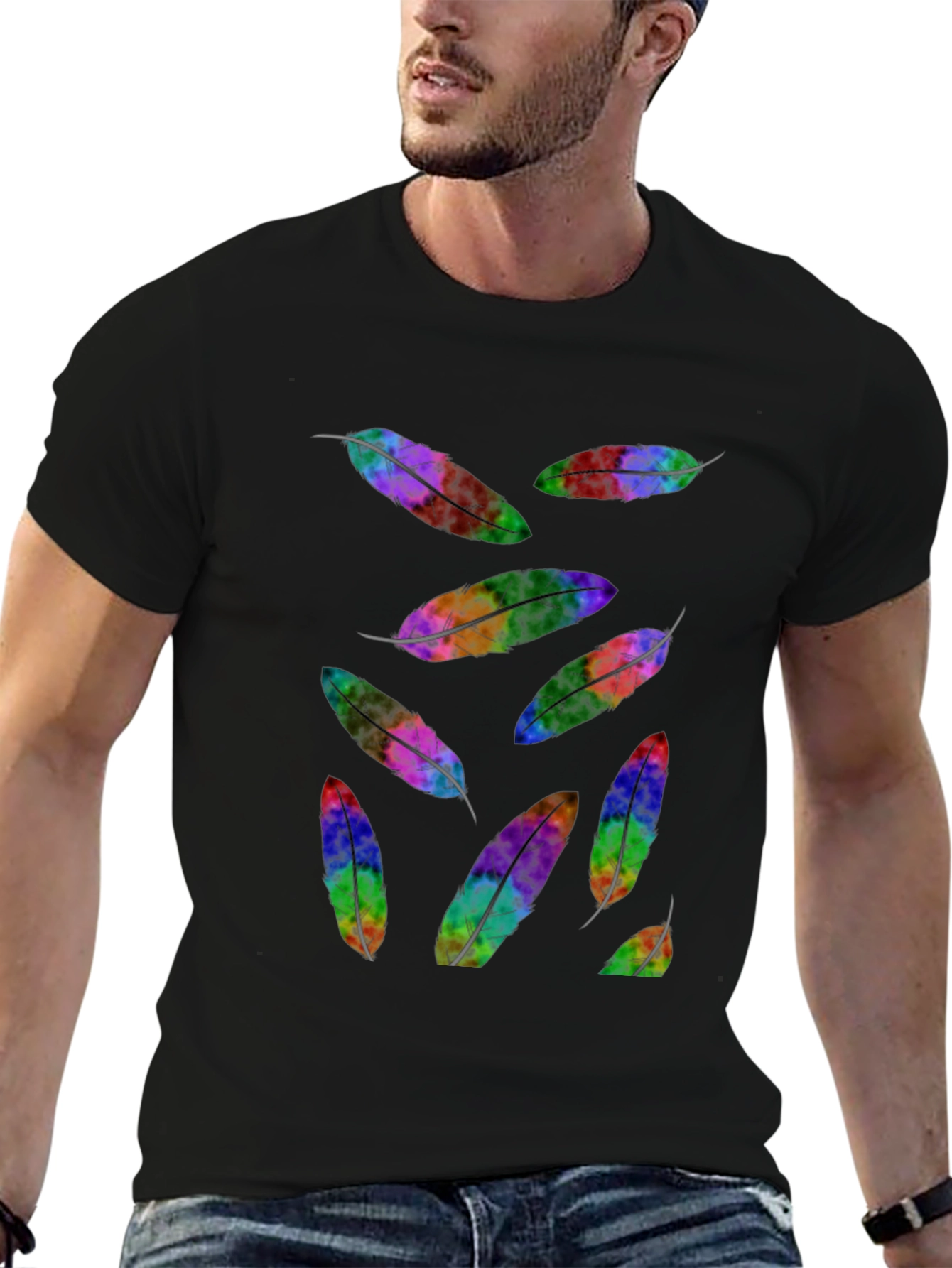 Rainbow Feather Print Black T-Shirt