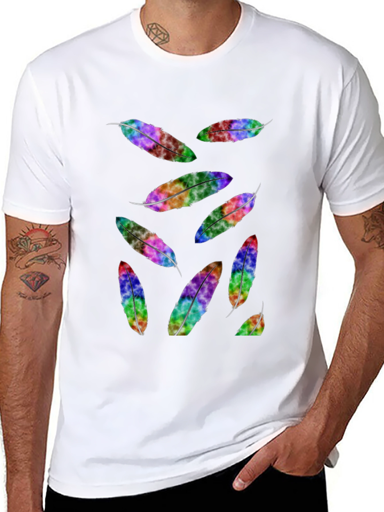 Rainbow Feather Print Black T-Shirt