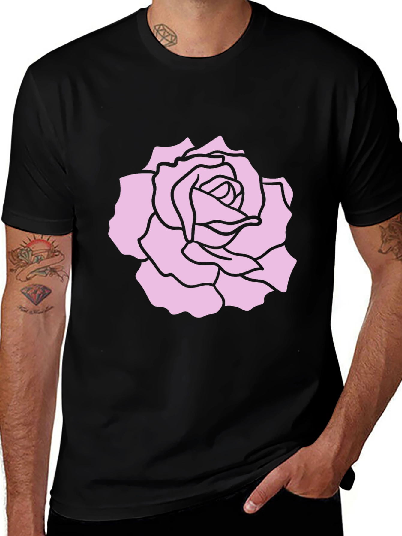 Black T-Shirt with Pink Rose Design