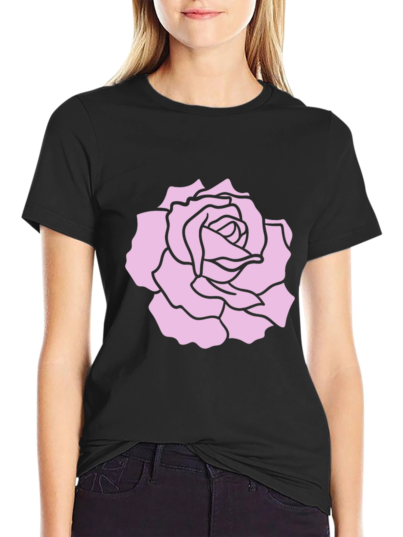 Black T-Shirt with Pink Rose Design