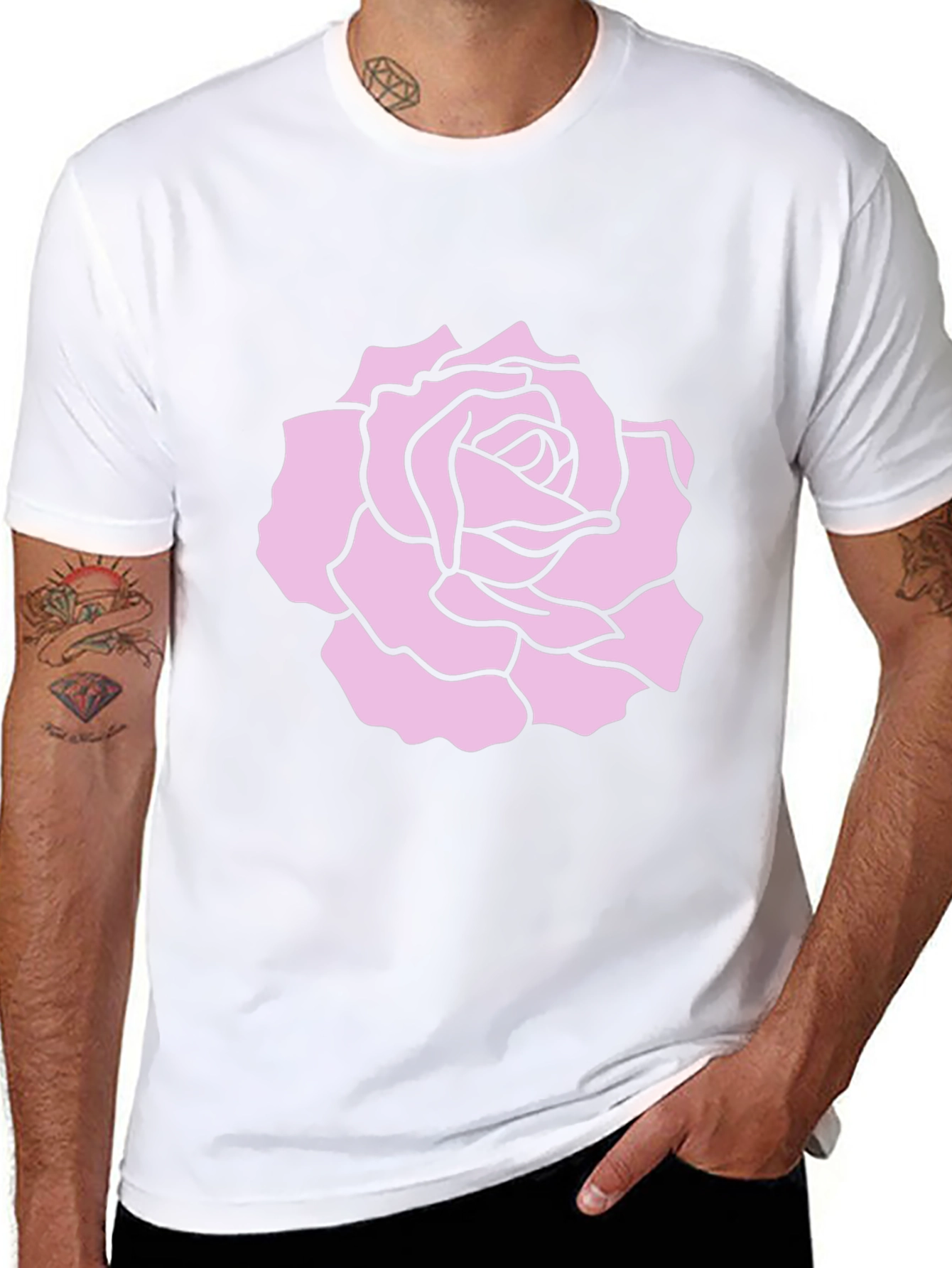 Black T-Shirt with Pink Rose Design