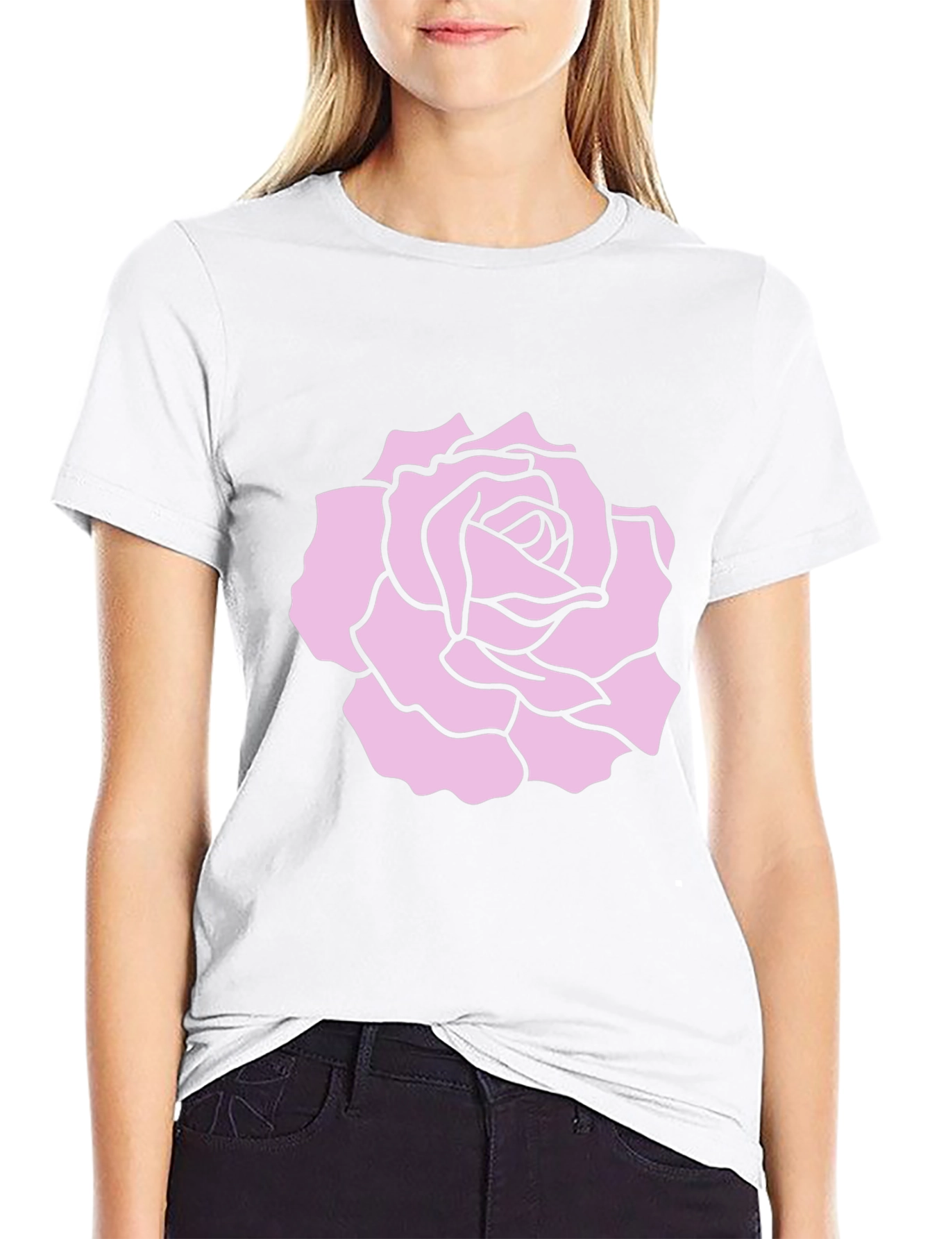 Black T-Shirt with Pink Rose Design