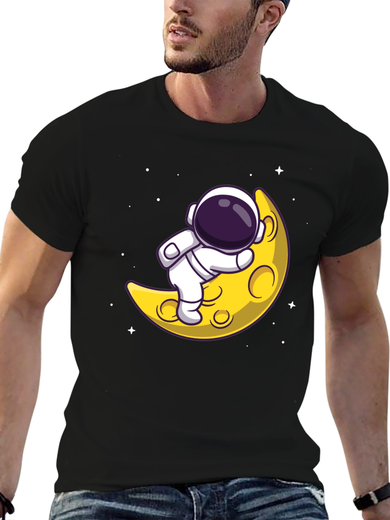 Astronaut on Moon Graphic Tee - Black Cotton T-Shirt