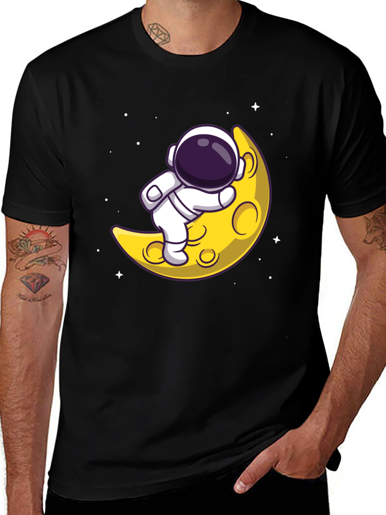 Astronaut on Moon Graphic Tee - Black Cotton T-Shirt