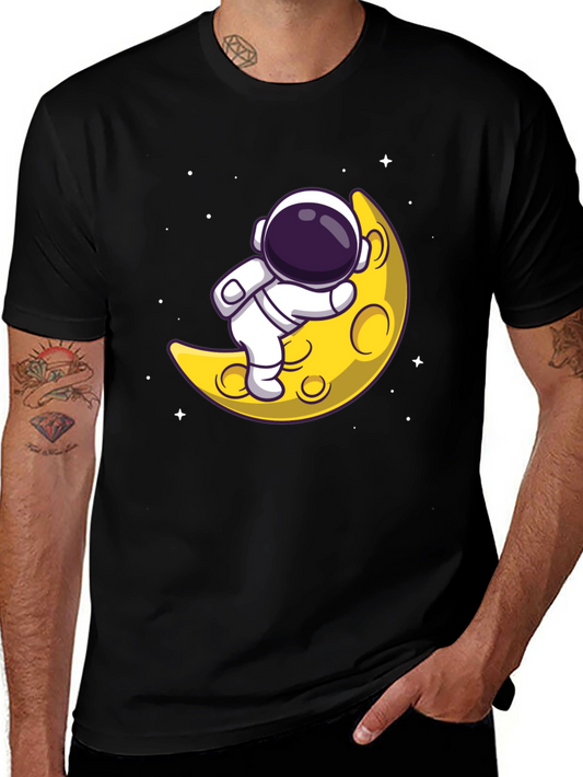 Astronaut on Moon Graphic Tee - Black Cotton T-Shirt
