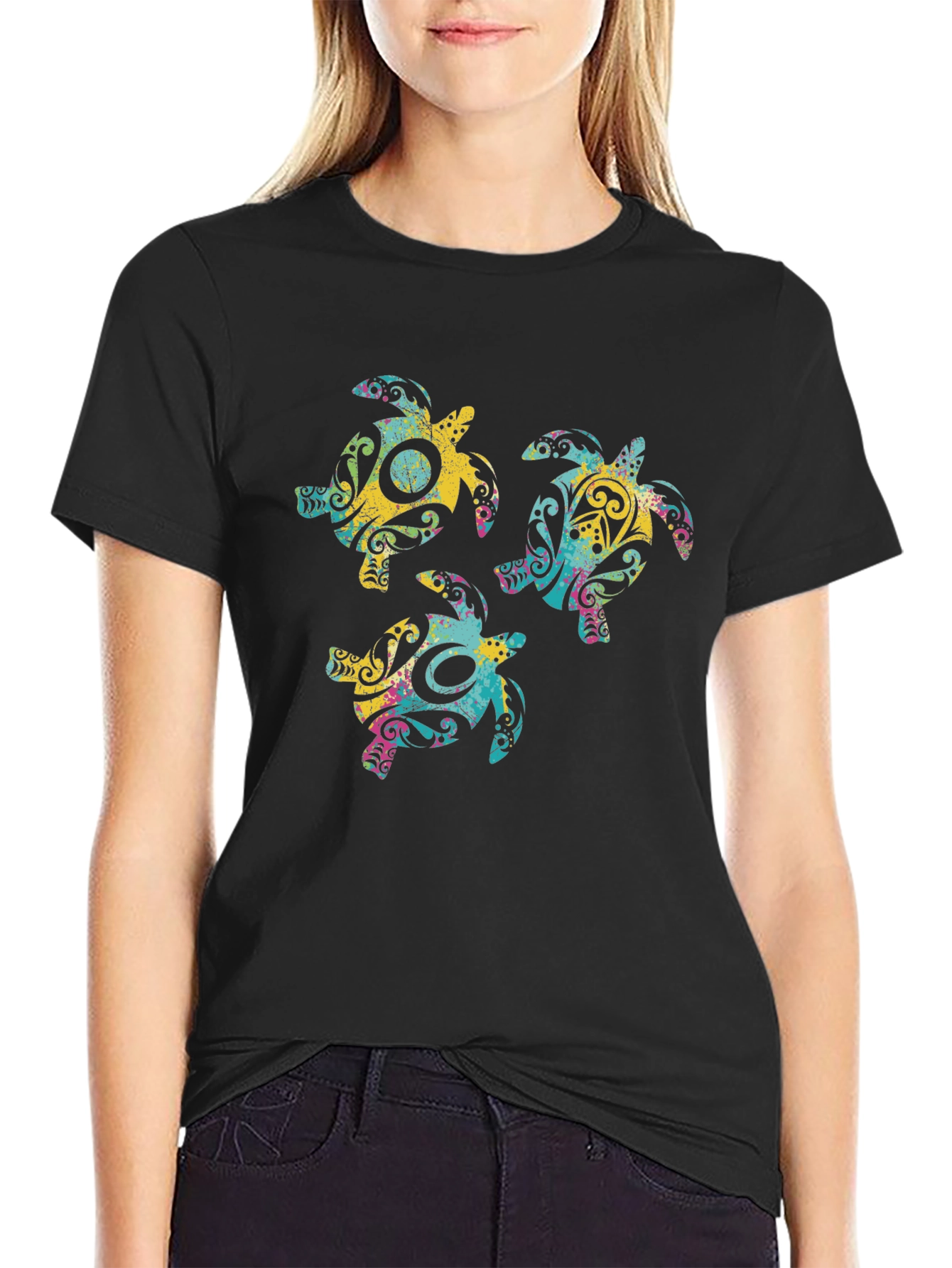 Tribal Turtle Graphic Print Crew Neck T-Shirt