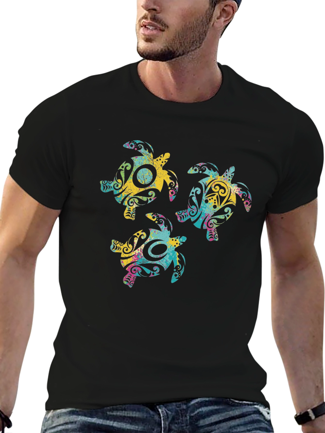 Tribal Turtle Graphic Print Crew Neck T-Shirt
