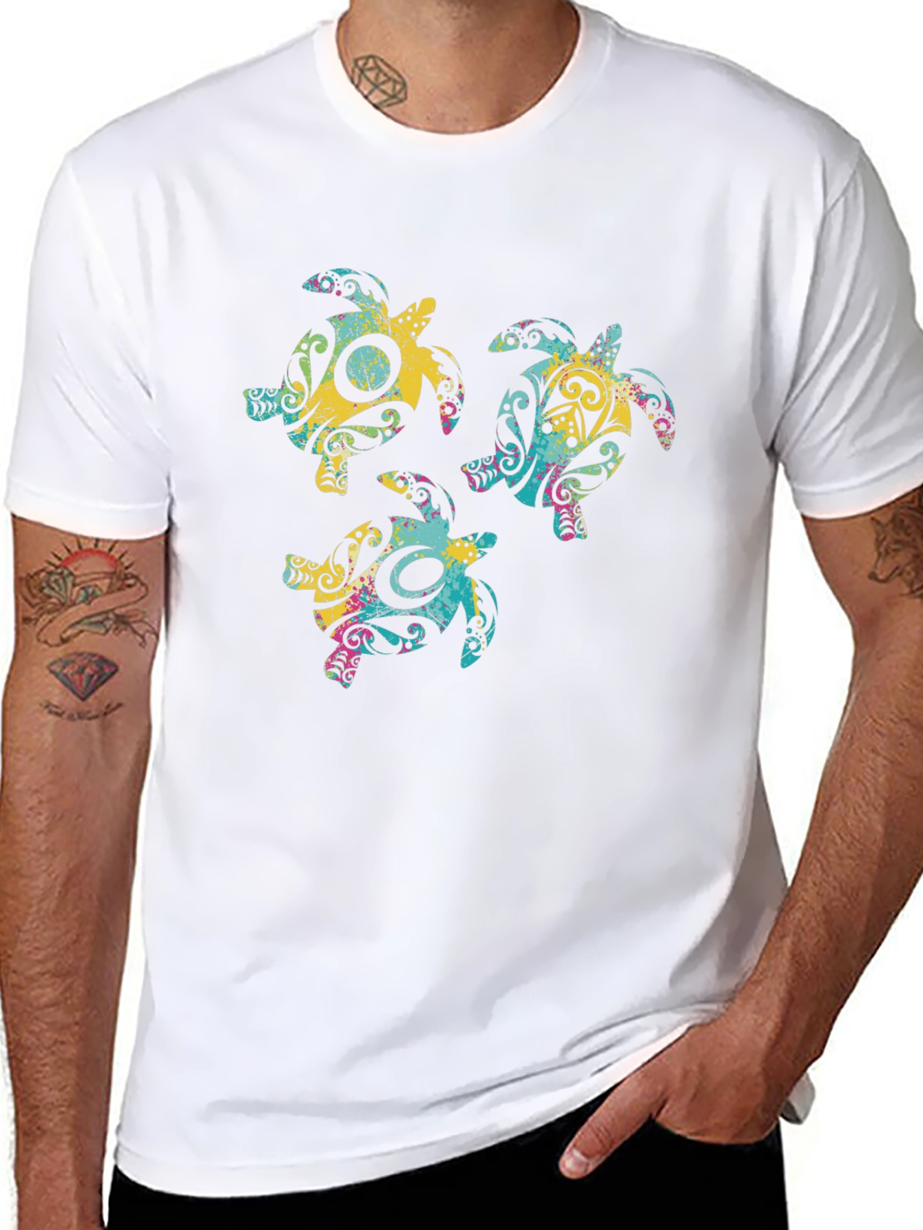 Tribal Turtle Graphic Print Crew Neck T-Shirt