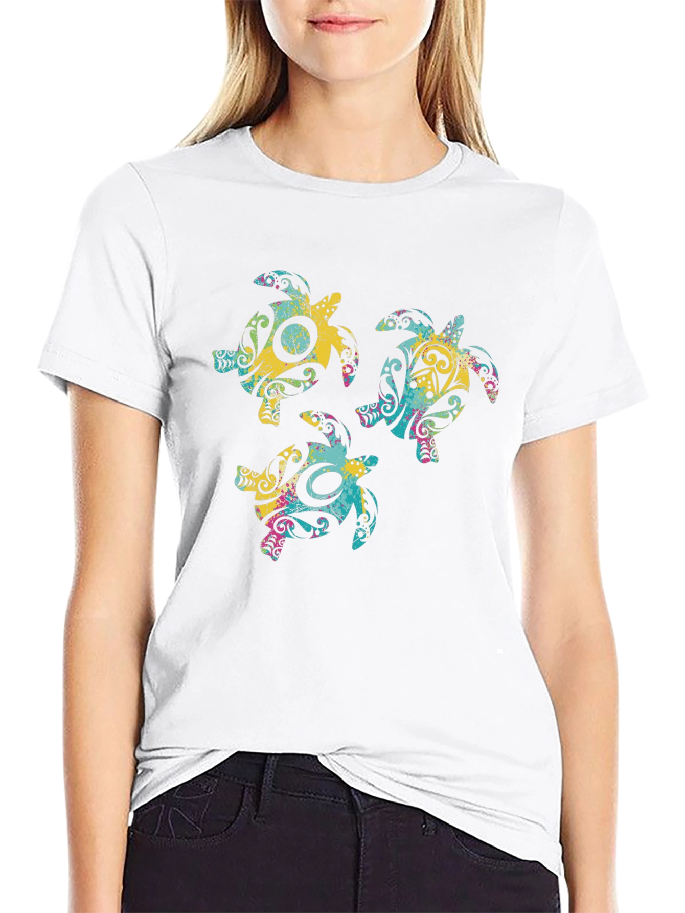Tribal Turtle Graphic Print Crew Neck T-Shirt
