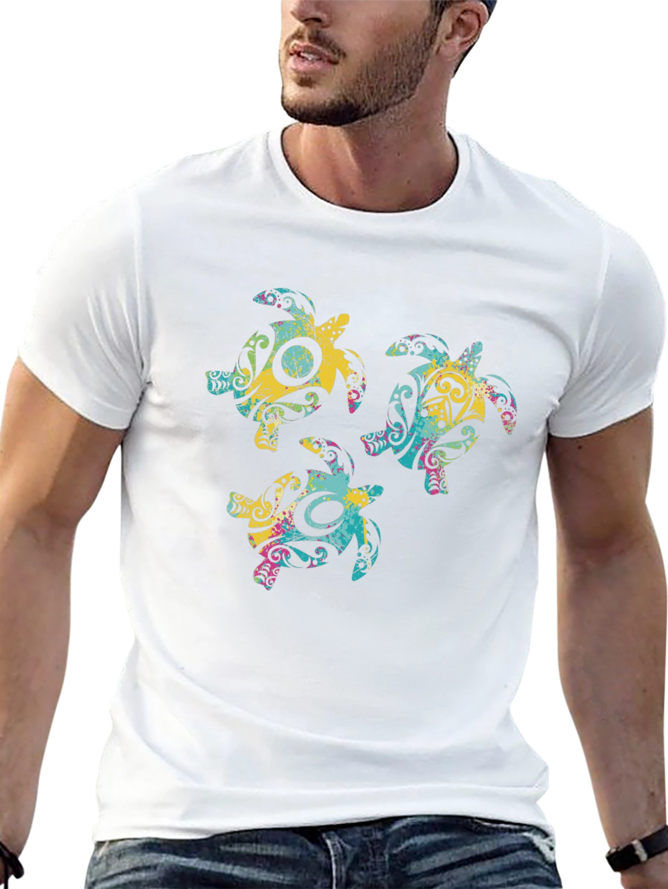 Tribal Turtle Graphic Print Crew Neck T-Shirt