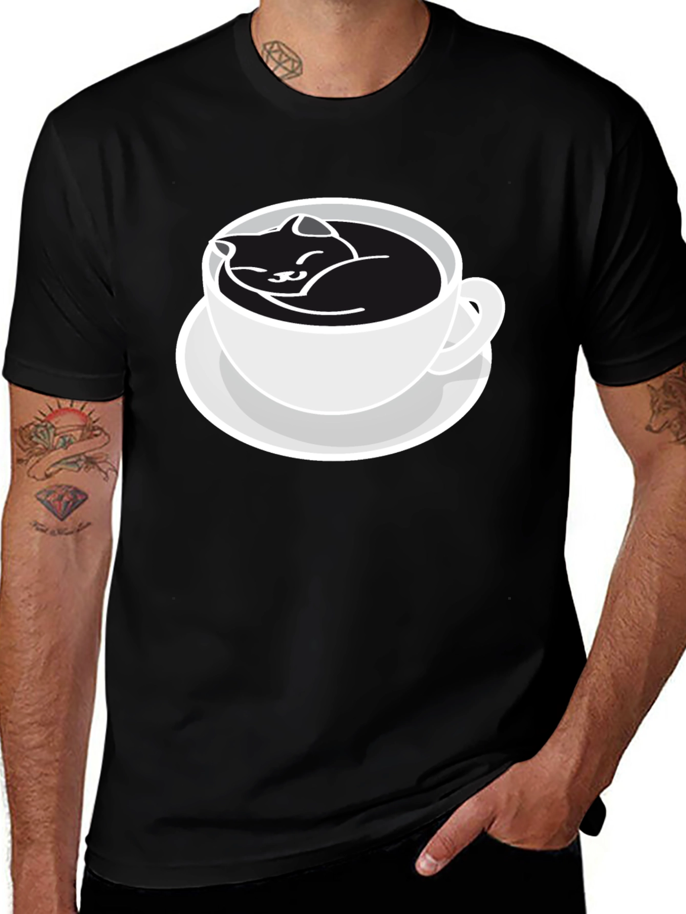 Cat Nap Coffee Cup Black T-Shirt