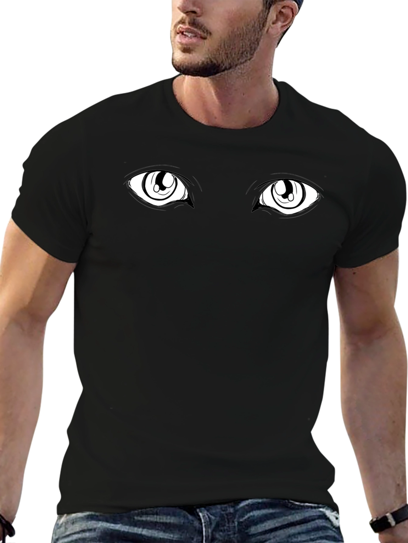 Anime Eyes Black Tee - Expressive Graphic T-Shirt