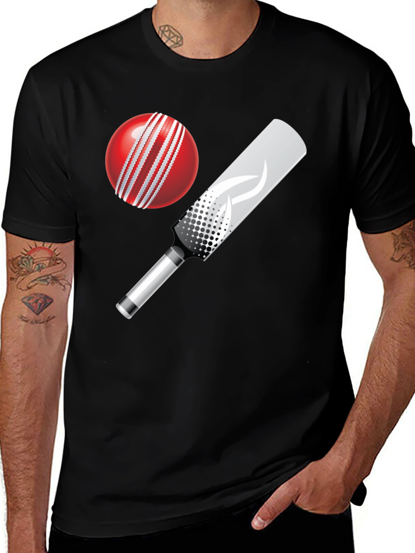 Cricket Ball and Bat Graphic Tee - Black Cotton