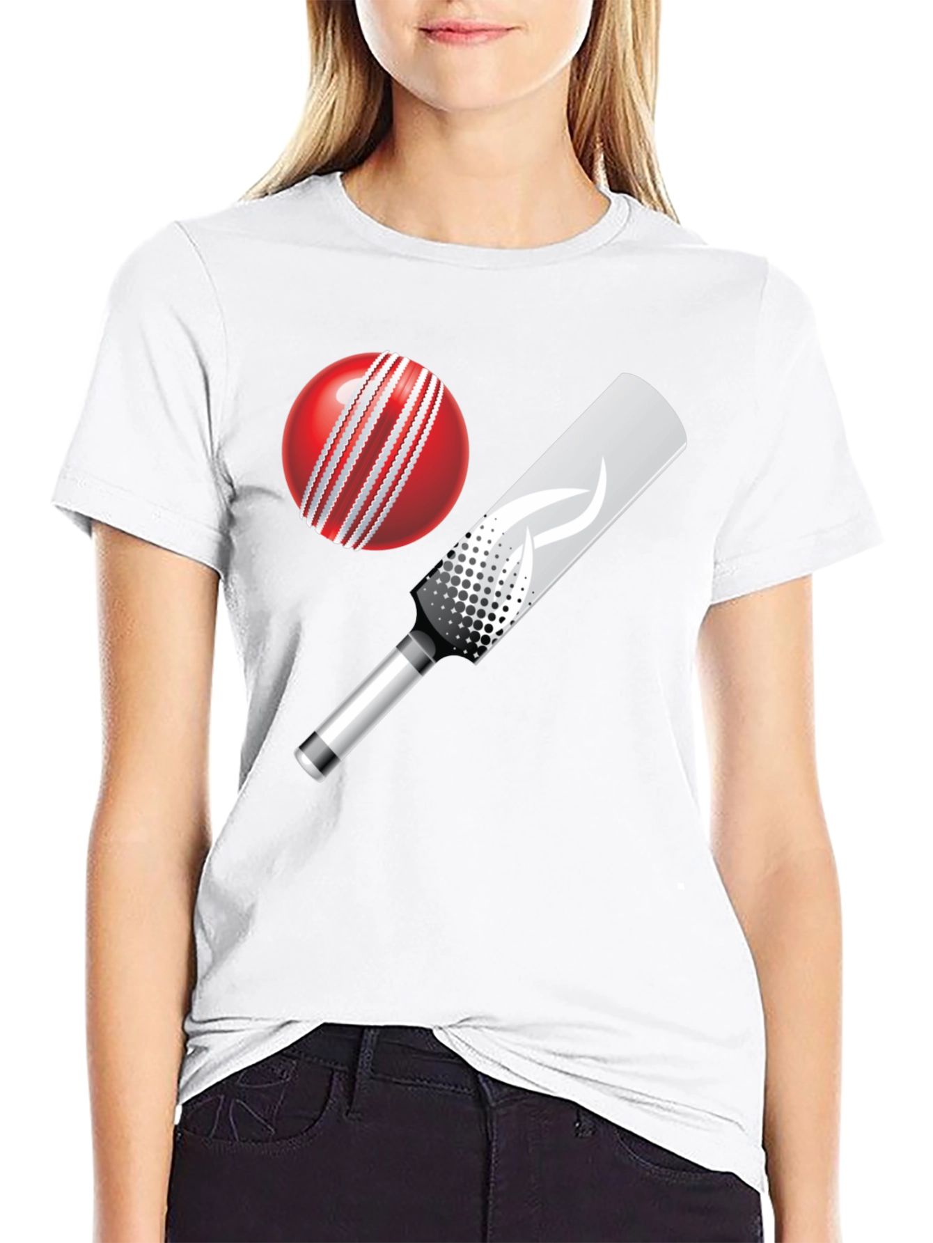 Cricket Ball and Bat Graphic Tee - Black Cotton