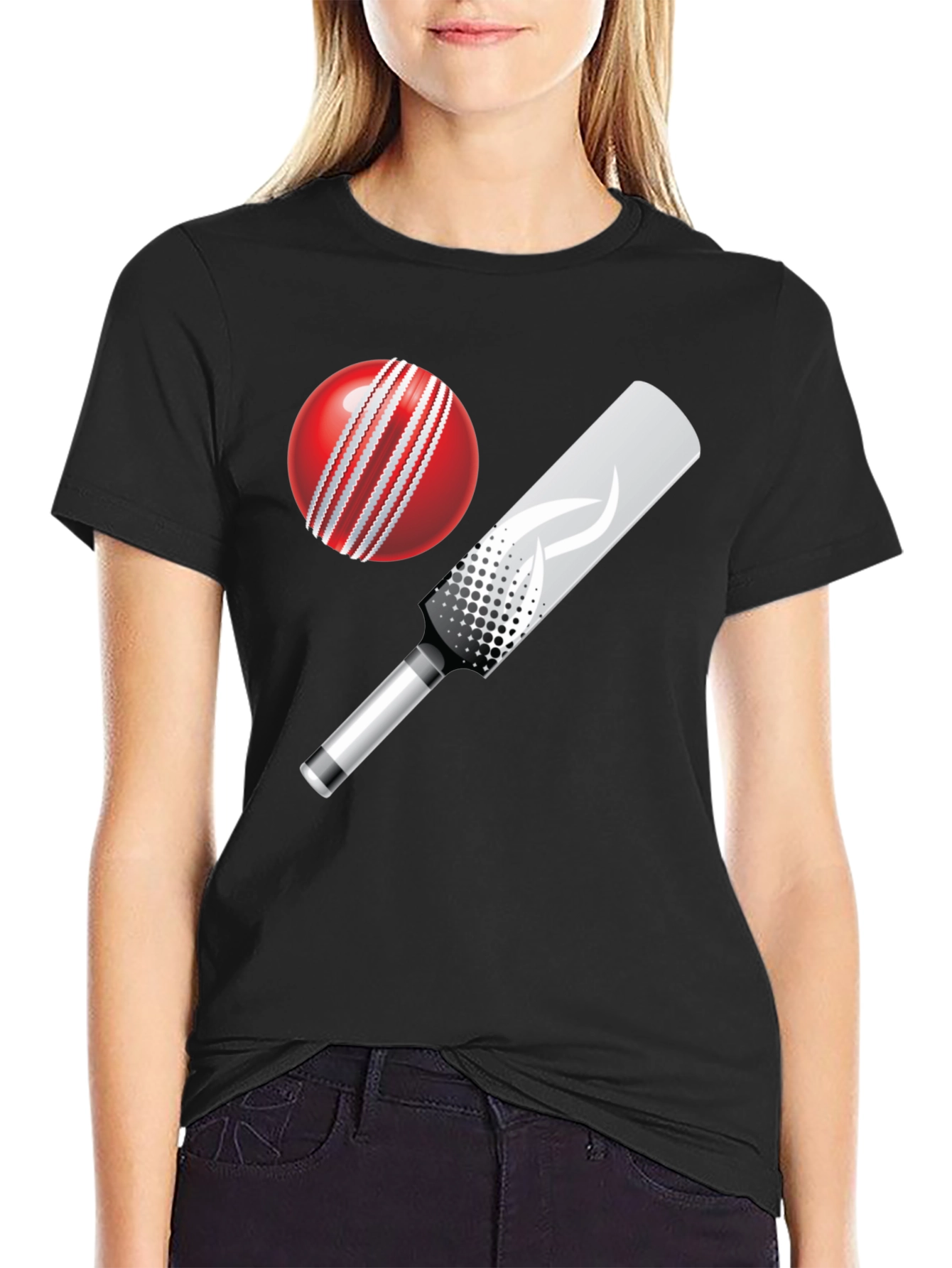 Cricket Ball and Bat Graphic Tee - Black Cotton