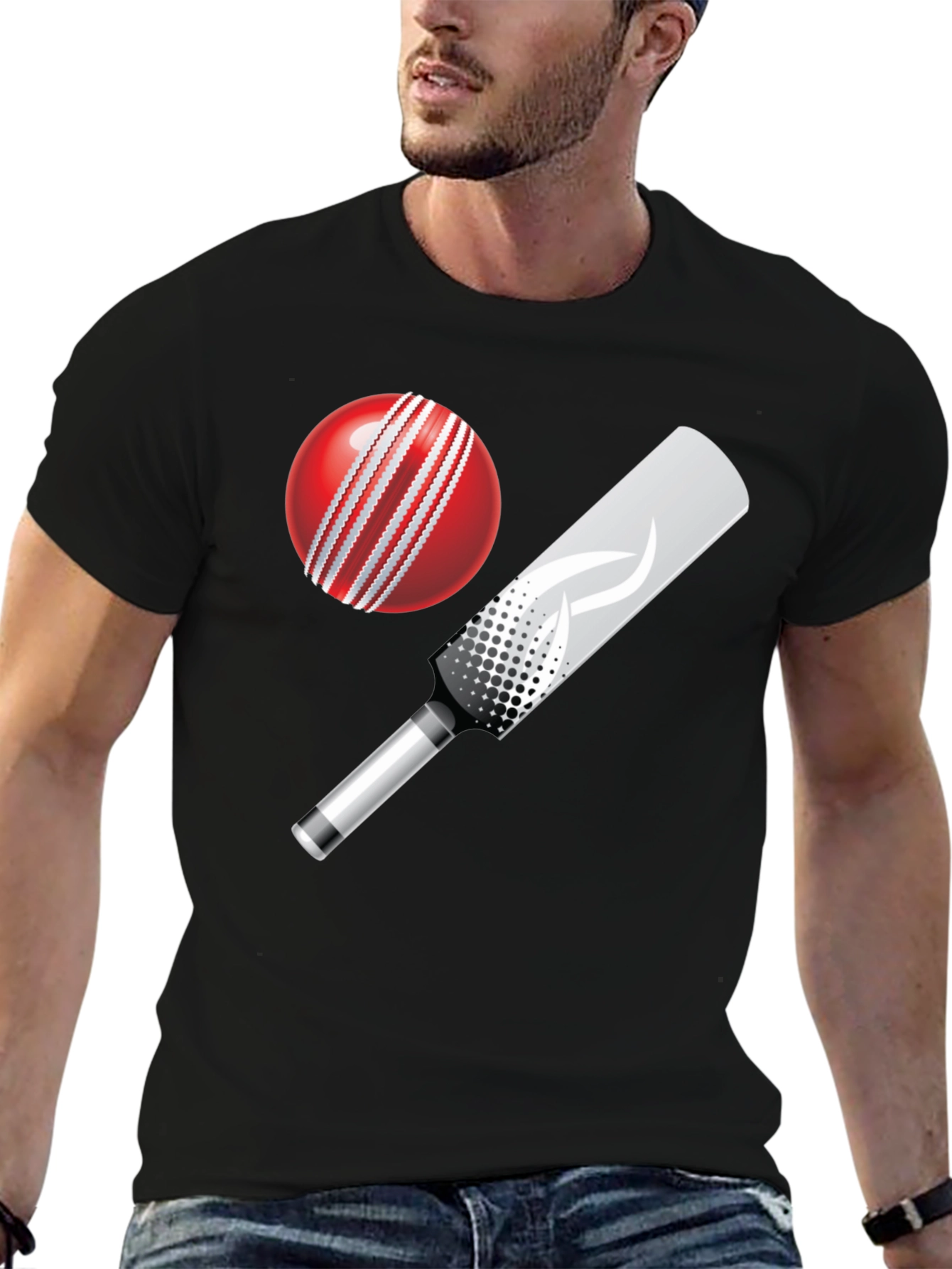 Cricket Ball and Bat Graphic Tee - Black Cotton