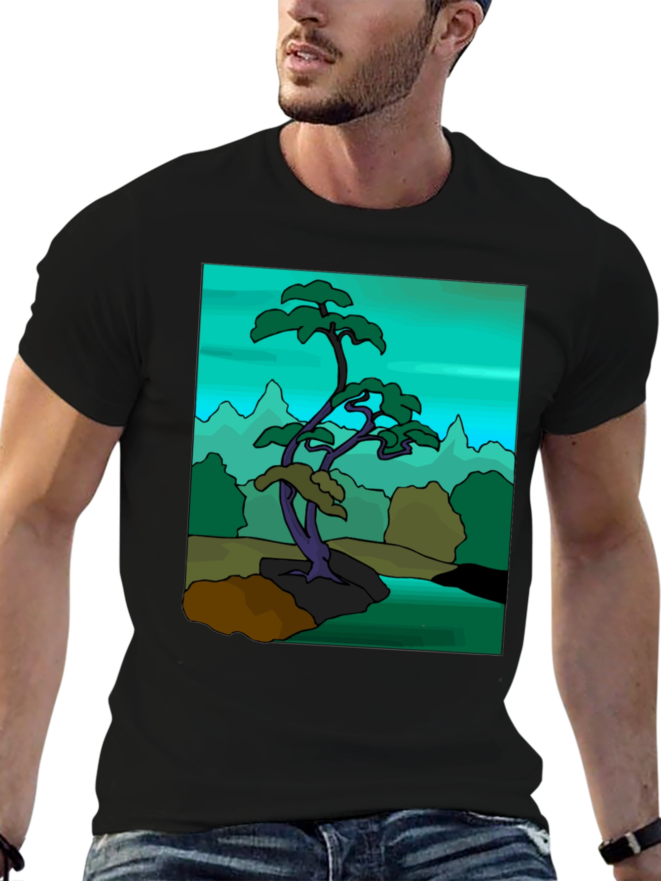 Artistic Bonsai Tree Graphic T-Shirt - Black