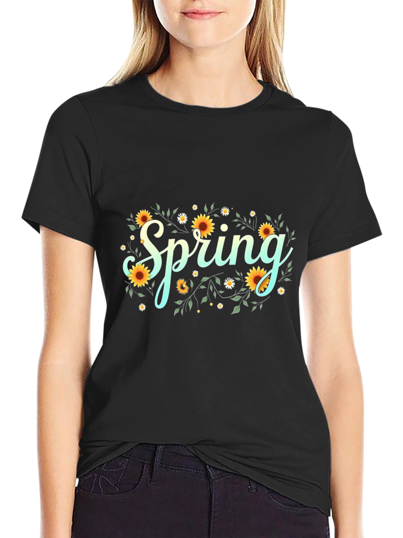 Spring Floral Graphic Black T-Shirt